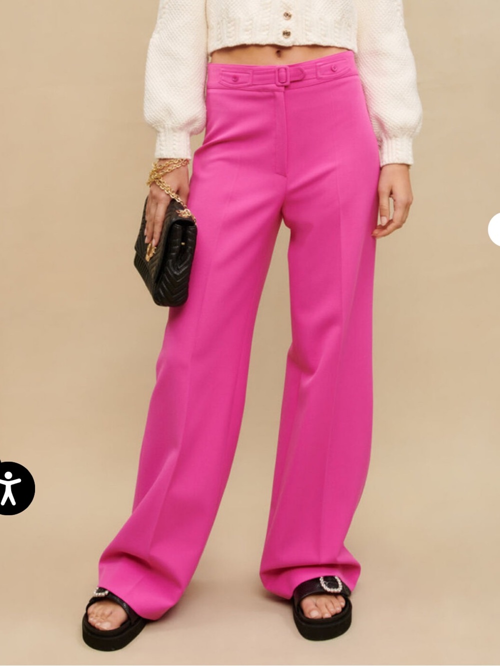 Maje Patricia Wide Leg Pants trousers Fuchsia pink flare high rise belted medium